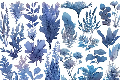靛蓝色水彩植物插画细节