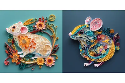 十二生肖鼠主题华丽多彩纸质插画