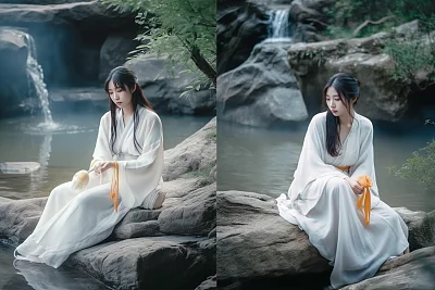 梦幻中国风妇女水边岩石