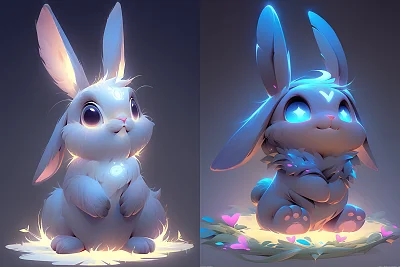 闪耀蓝色魔法光芒的灰色小兔子