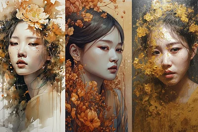 绝色美女触摸金色罂粟花与金箔泪痕