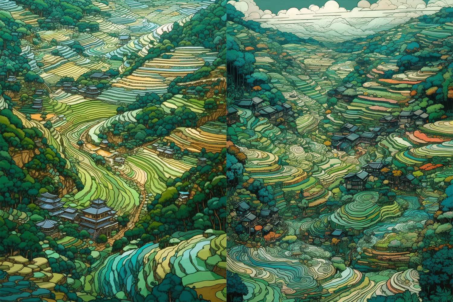 绚丽多彩的日本乡村梯田风景画