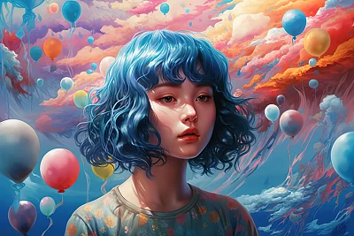 蓝发女孩与水母的梦幻水彩插画
