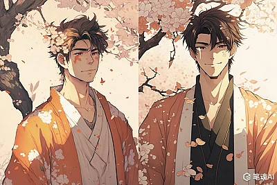 幸福微笑日本男士橙色和服樱花树