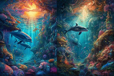 水下世界艺术杰作：海豚与珊瑚礁的奇幻之旅