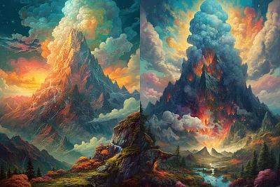 迷幻风格山景云雾缭绕画作