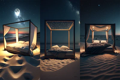 星空海滩现代舒适床实景拍摄