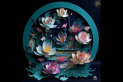 诗意田园风光彩色莲花剪纸模板