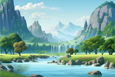 逼真山脉瀑布森林河流3D渲染图
