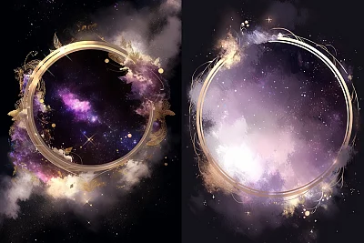 金色圆形框架淡紫色星云数字插图