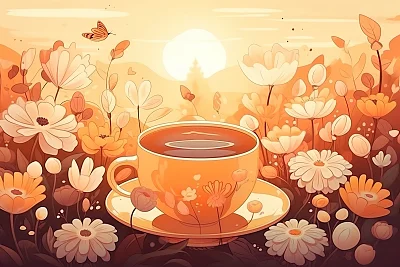 春日花园插画花茶杯柔和阳光