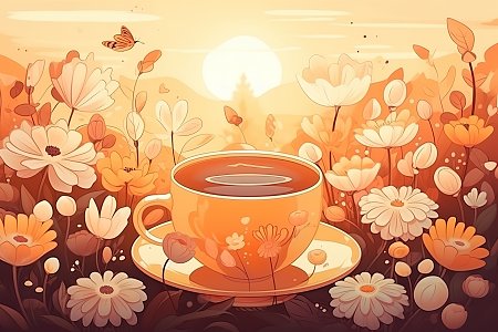 春日花园插画花茶杯柔和阳光