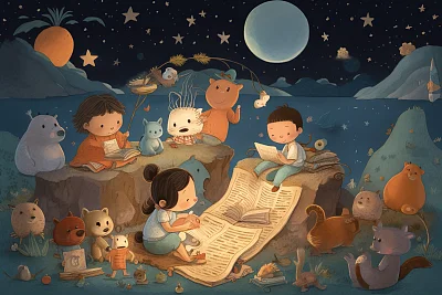 儿童夜间阅读温馨场景