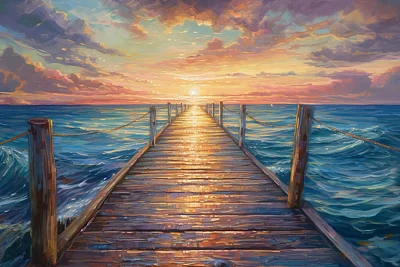 辉煌黄昏蓝色海洋油画