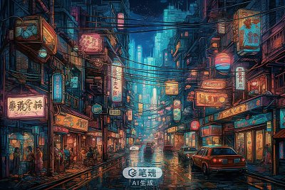 午夜城市街景村上隆风格插图