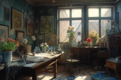 现代主义画家房间花卉研究写实照片