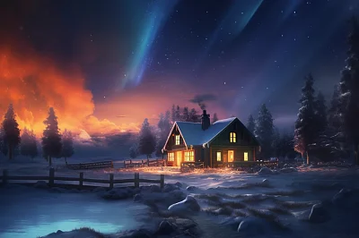 雪原小屋极光夜景绘画
