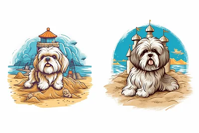 卡通风格拉萨犬沙滩沙堡吉祥物标志