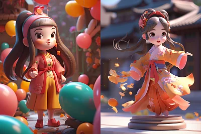 汉服公主跳跃中国风3D艺术