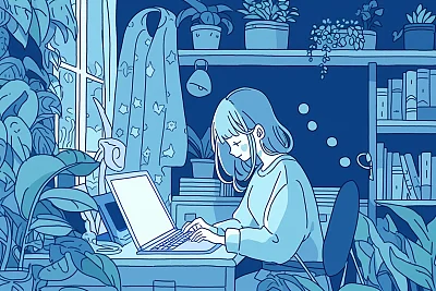 女孩在家用MacBook工作的矢量插图
