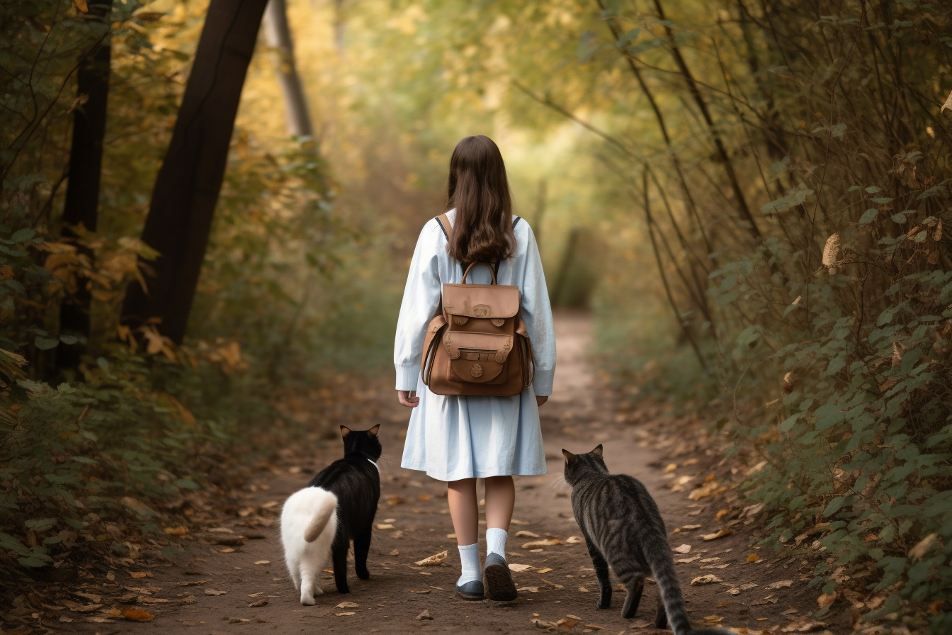 年轻女学生树林散步带两只猫