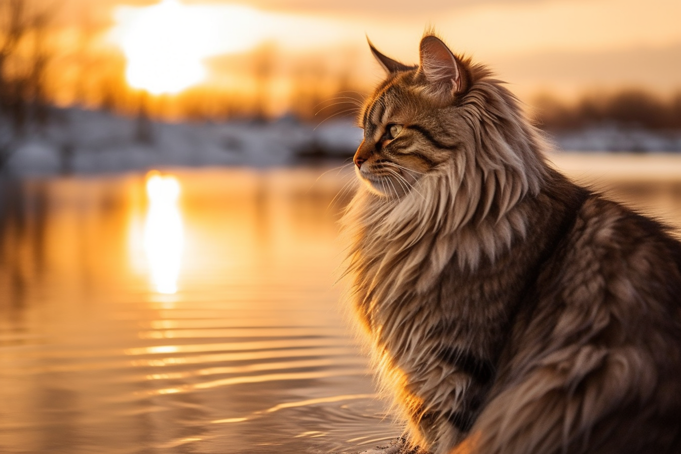 西伯利亚猫在河上日落时分的国家地理照片