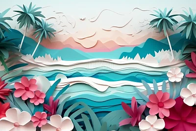 热带海滩海景与棕榈树芙蓉花