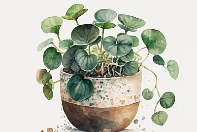 水彩画盆栽冷水花植物