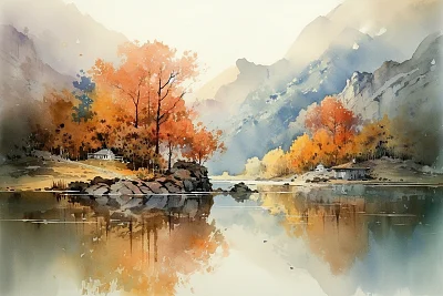 宁静山谷中的湖泊水彩画