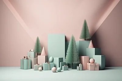 简约风格3D渲染圣诞树带礼物柔和色彩