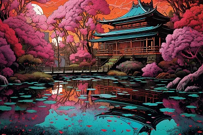 宁静日本禅宗花园樱花池塘油画