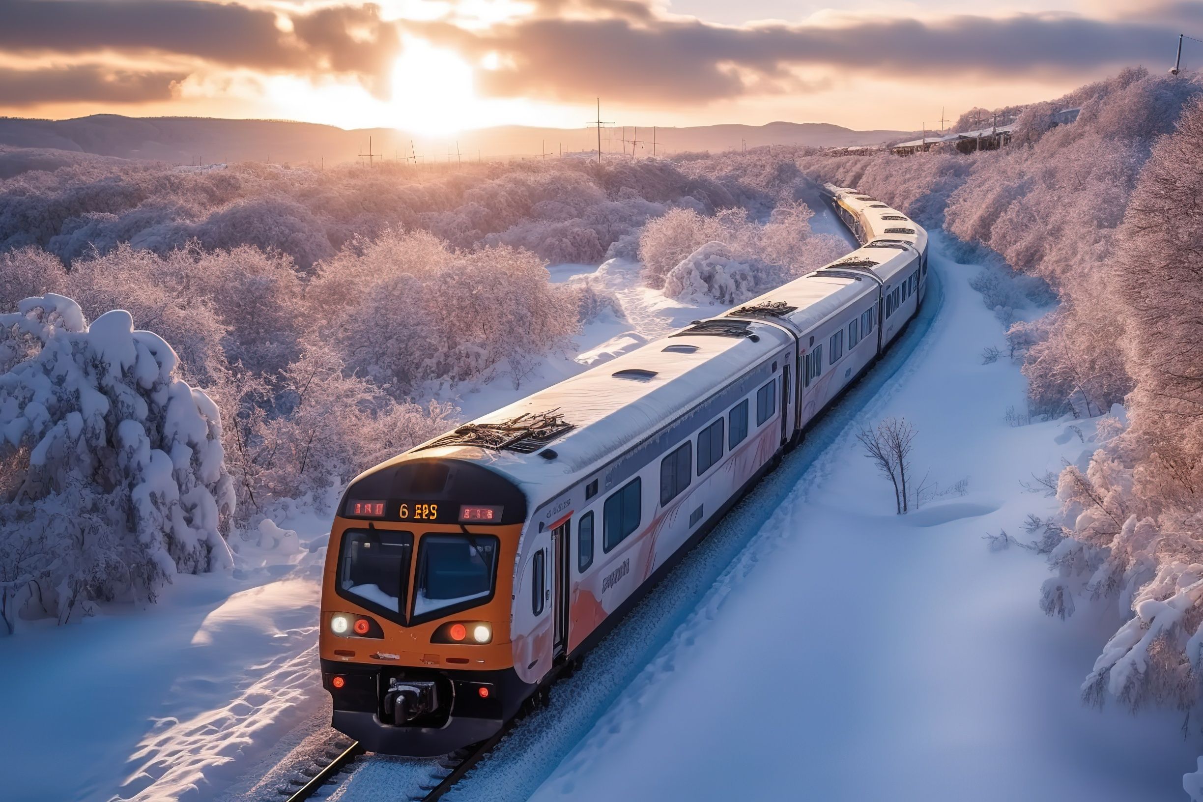 雪景列车戏剧灯光Arial视图