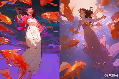 金鱼女孩漂浮在闪光水中的数字插画