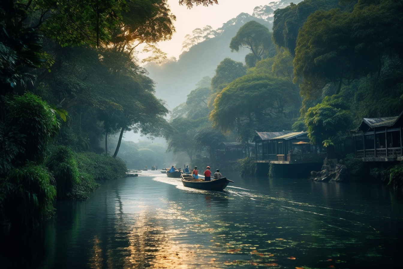 河岸绿植环绕的风景摄影