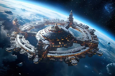 巨型宇宙飞船攻击气态巨行星彩色风暴摄影