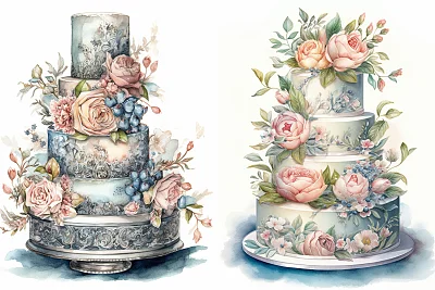经典婚礼蛋糕水彩画细节描绘