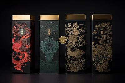 高级茶叶礼盒哑光黑花卉水墨设计