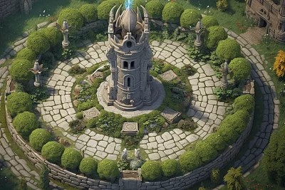 梦幻城堡花园2D风格绘画