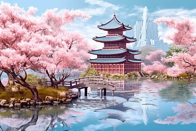 日式花园樱花水湖冥想