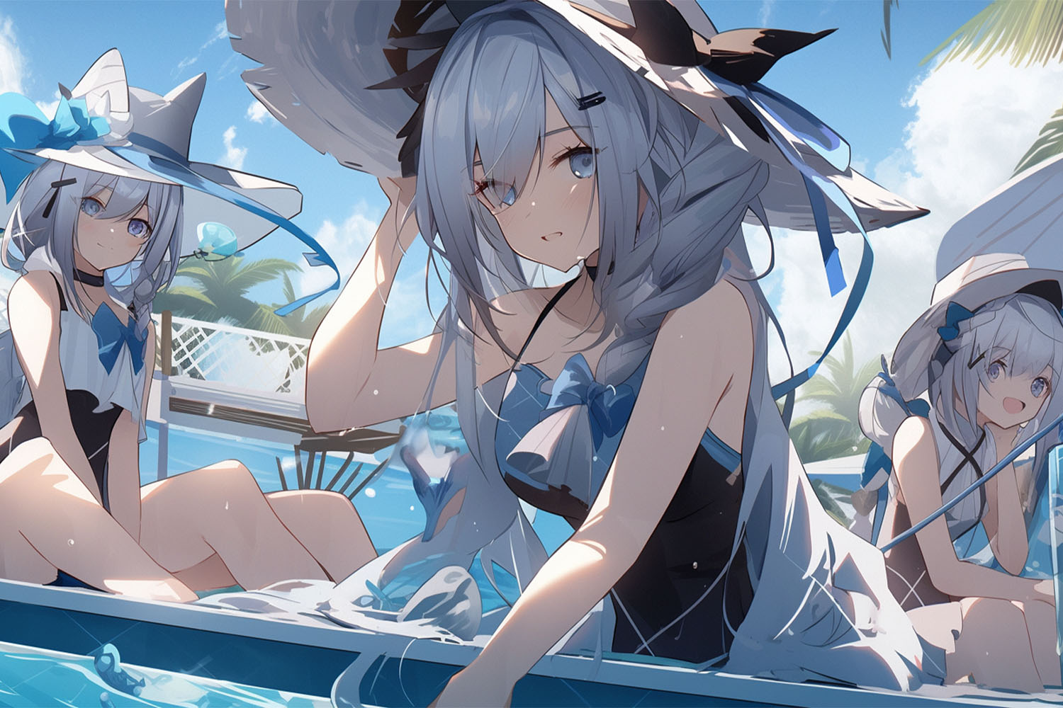 夏日沙滩少女漫步水彩画