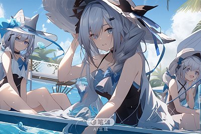 夏日沙滩少女漫步水彩画