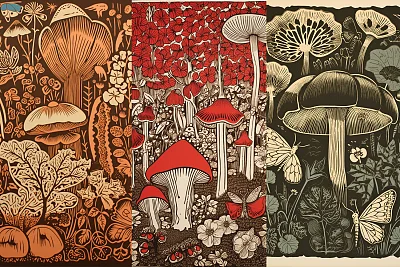 简约风格版画花卉蘑菇蝴蝶设计