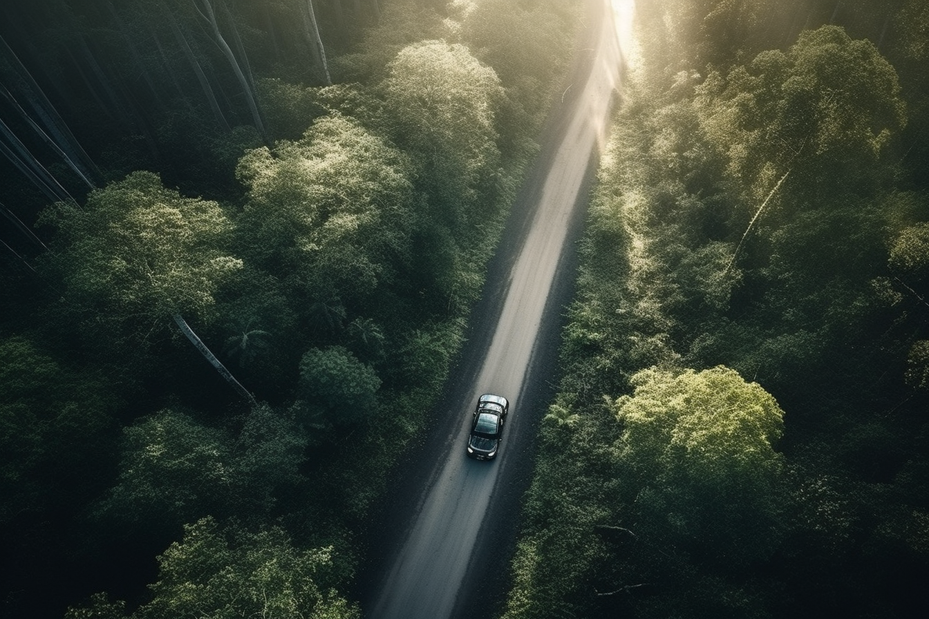 未来派电动汽车森林道路风景