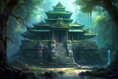 森林中神秘寺庙建筑装饰艺术