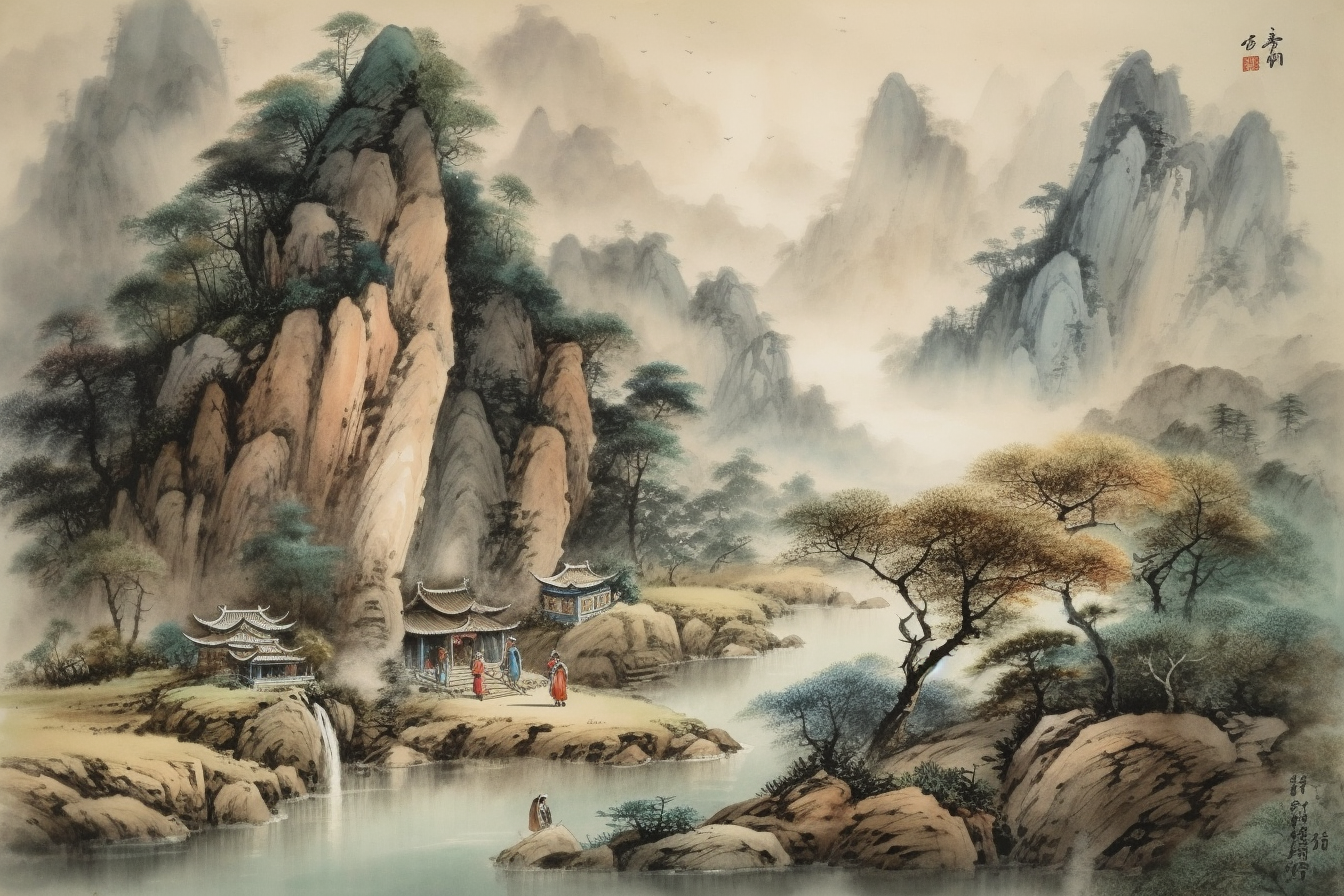 道教老大师山脉竹笛风景水彩画