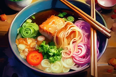 温暖色调的五花肉鸡肉蔬菜面汤插画