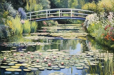 莫奈风格桥与白色花朵的画作