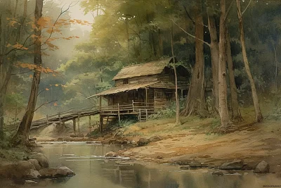 森林小木屋水彩画印象派风格