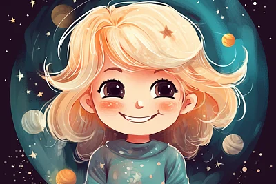 儿童插图中的微笑月亮与星系背景