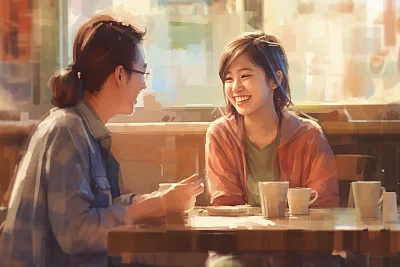 亚洲女孩咖啡店社交水彩插画